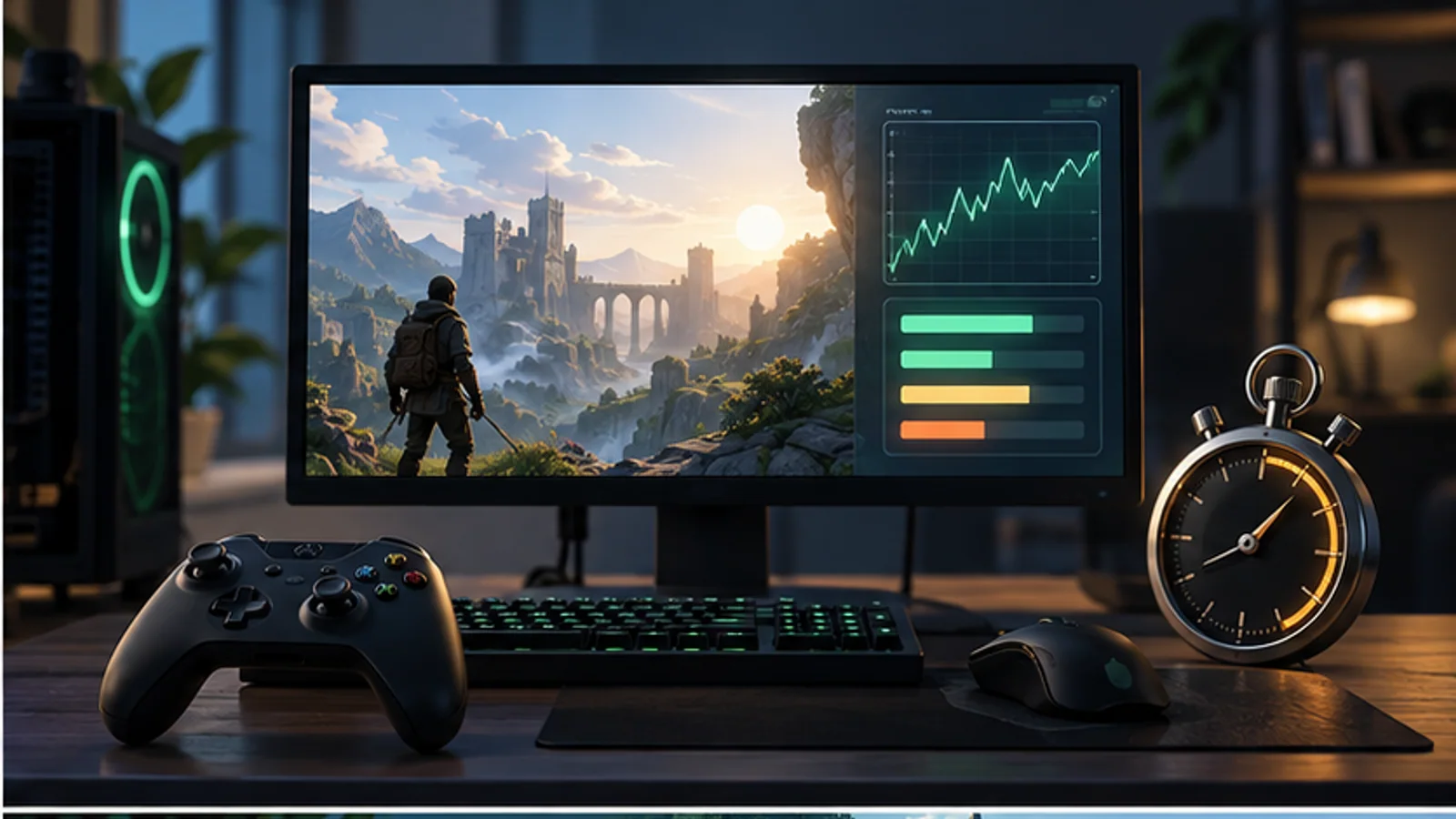 A controller, stopwatch, and performance display form a practical PC game demo test bench