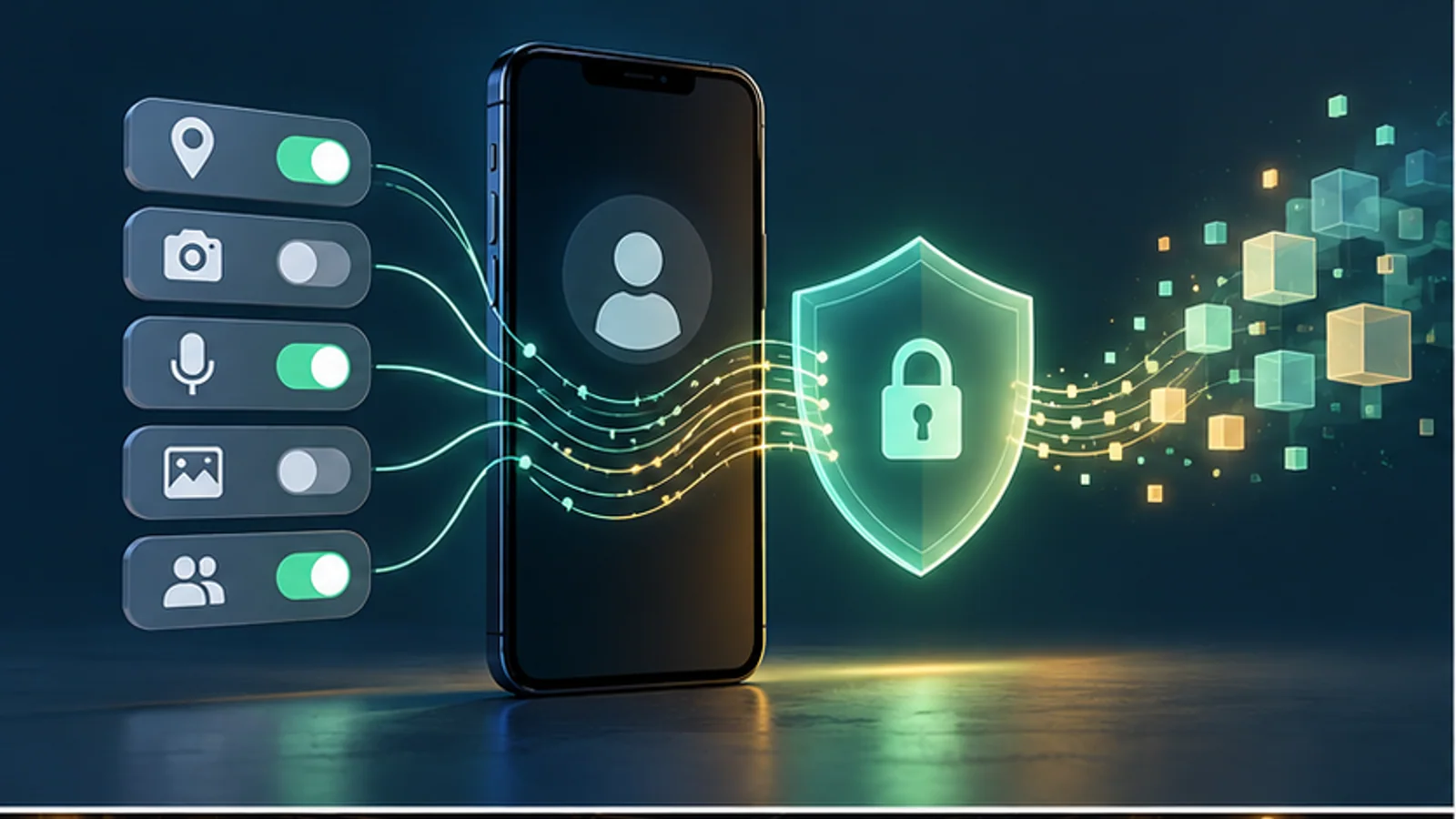 A mobile phone routes abstract permission controls through a privacy shield